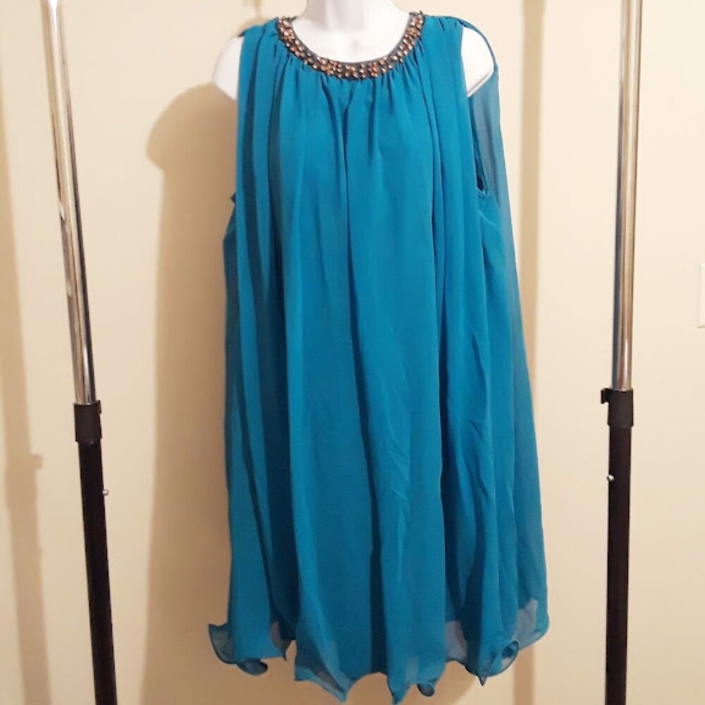 J. Taylor Teal Sheer Overlay Shift Party Dress w/ Curly Hem & Jeweled Neckline